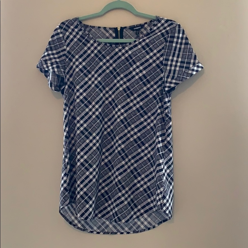 Express checkered short roll sleeve top